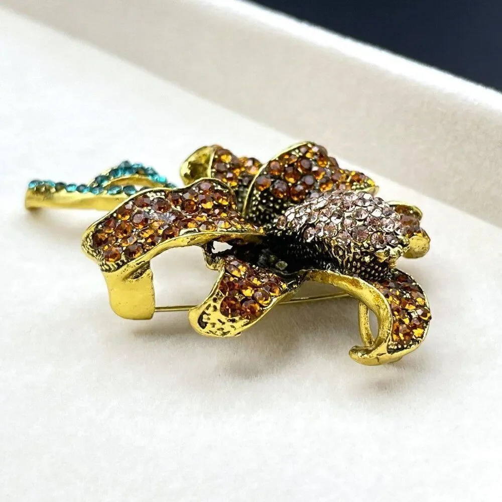 Yellow Gold with Burnt Orange and Champagne Crystal Lily Flower Pin Back Brooch